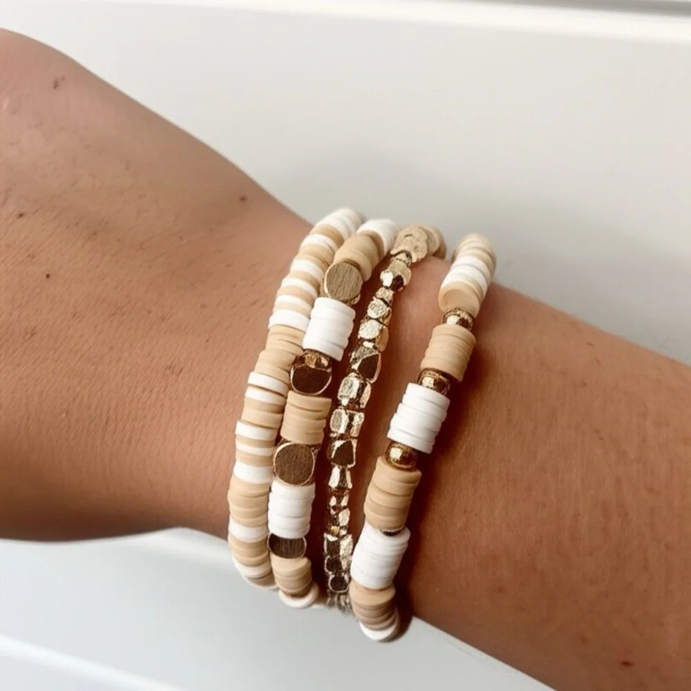 NEW Neutral Clay Bead Bracelet Stack - Gold Heishi Disk & Boho Beachy Beaded Set